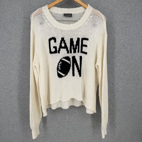 Wooden Ships Game On Football Open Knit Sweater Size M/L White Blue Oversized - Picture 1 of 11